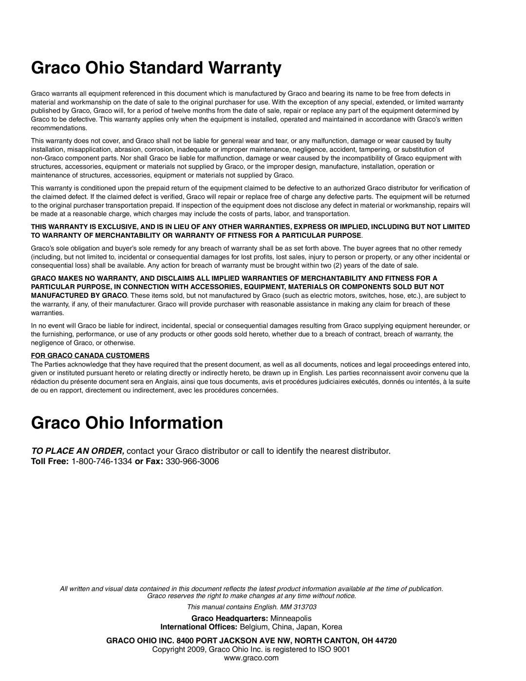 Graco U91023 important safety instructions Graco Ohio Standard Warranty, Graco Ohio Information 