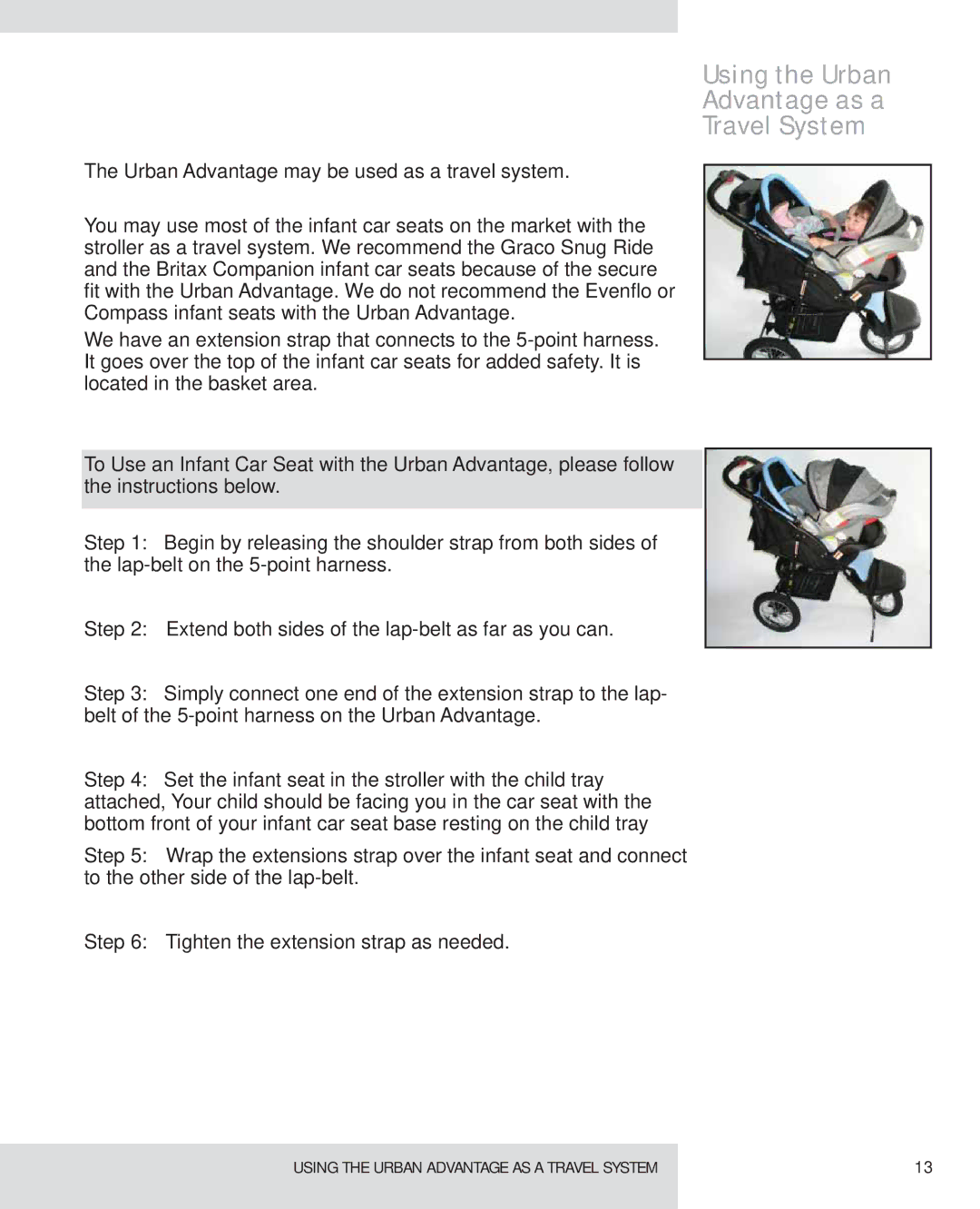 Graco UA105 operating instructions Using the Urban Advantage as a Travel System 