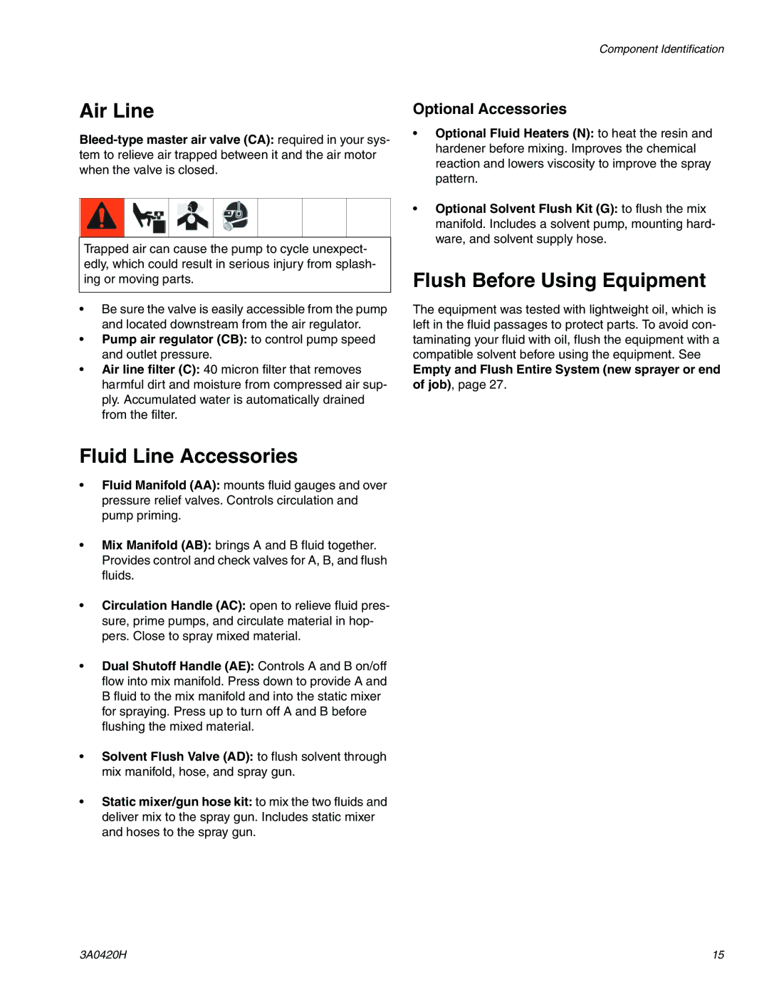 Graco XP70 Air Line, Fluid Line Accessories, Flush Before Using Equipment, Optional Accessories 