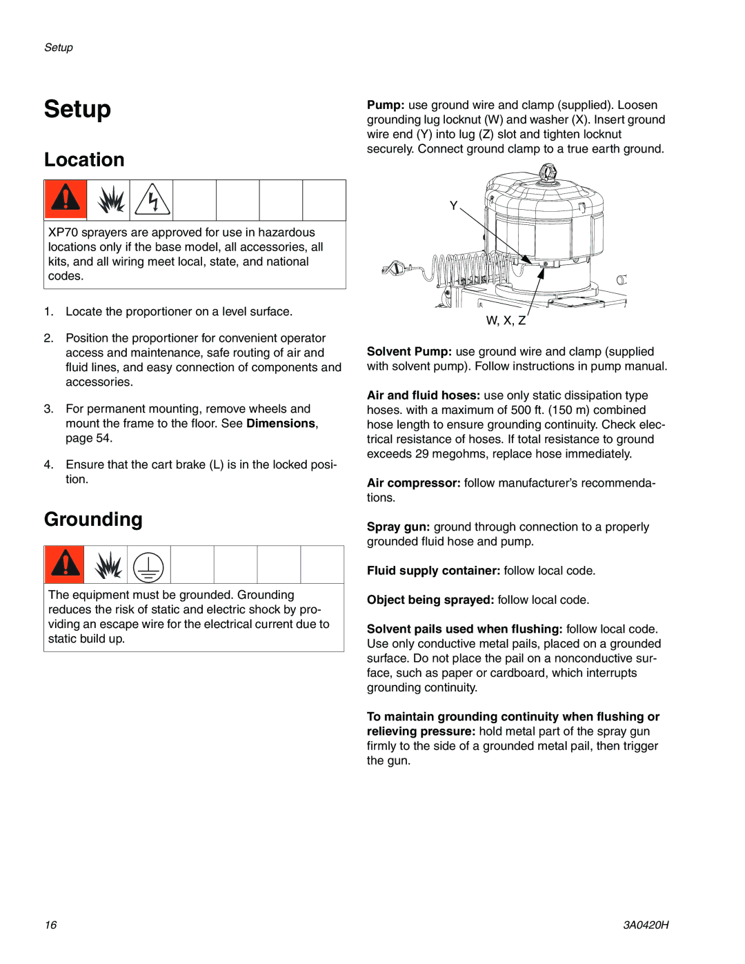 Graco XP70 important safety instructions Setup, Location, Grounding 