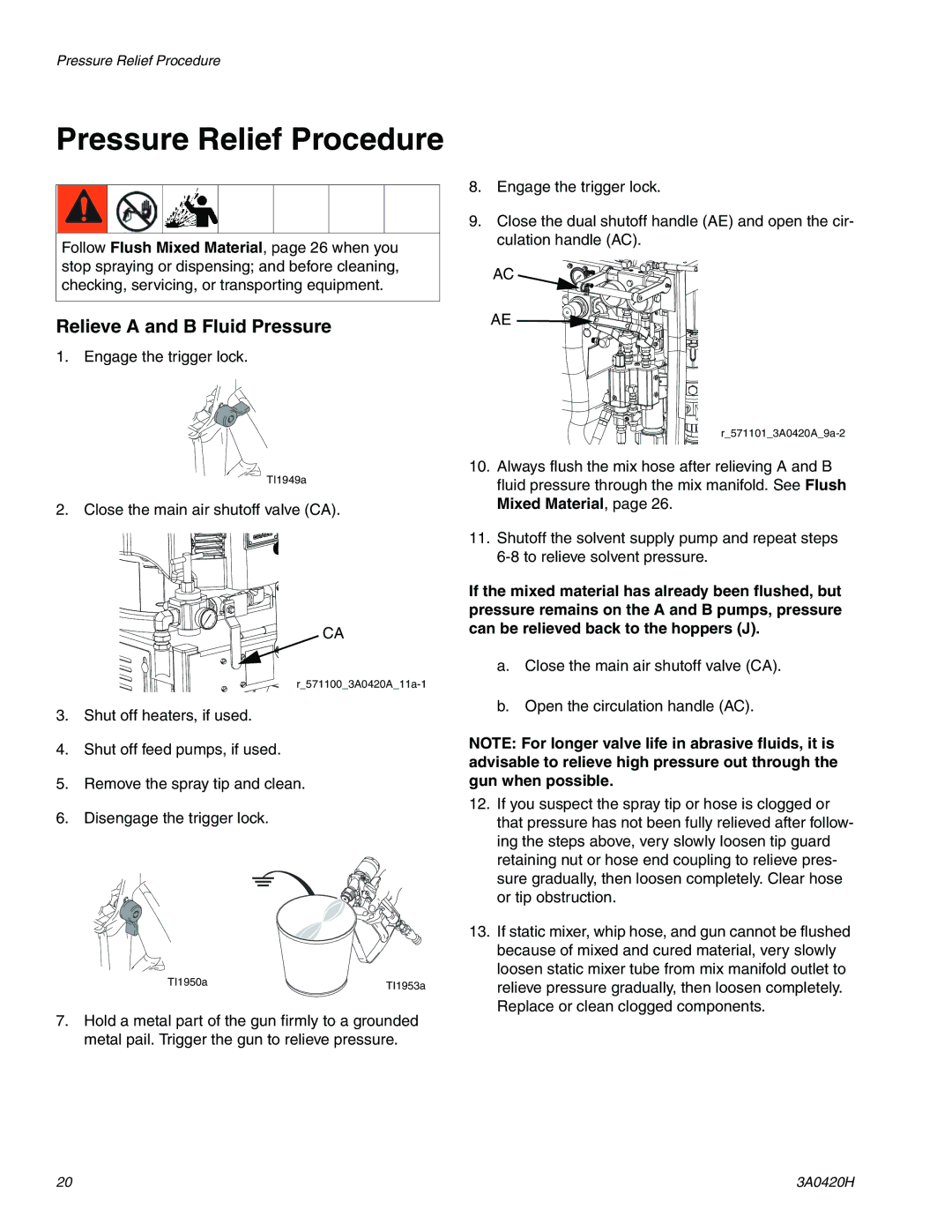 Graco XP70 important safety instructions Pressure Relief Procedure, Relieve a and B Fluid Pressure 