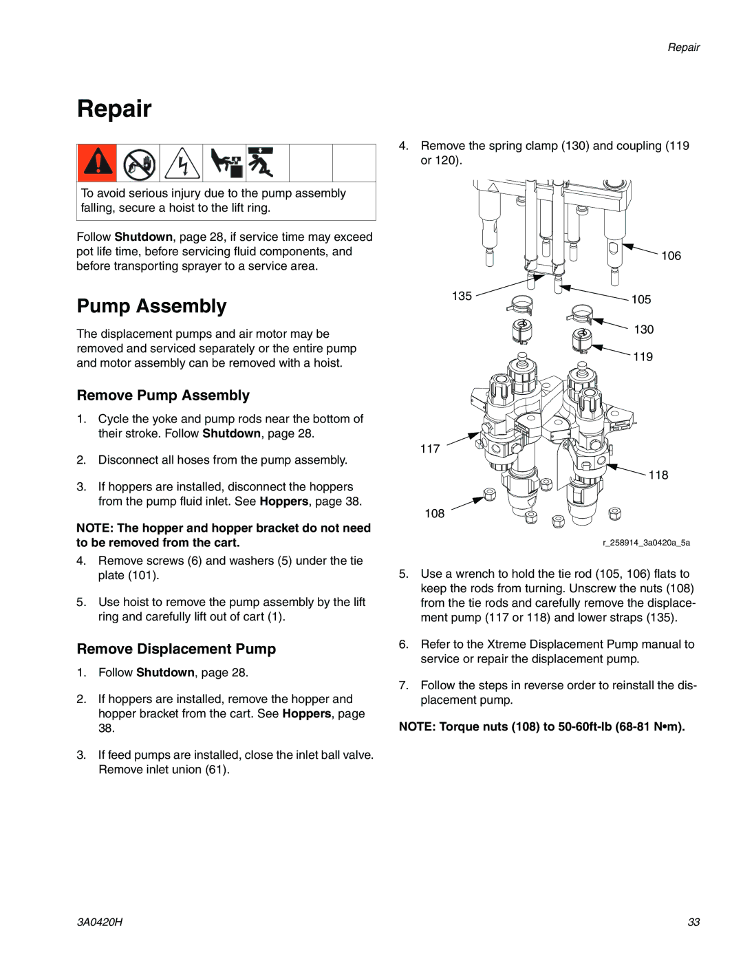 Graco XP70 important safety instructions Repair, Remove Pump Assembly, Remove Displacement Pump 