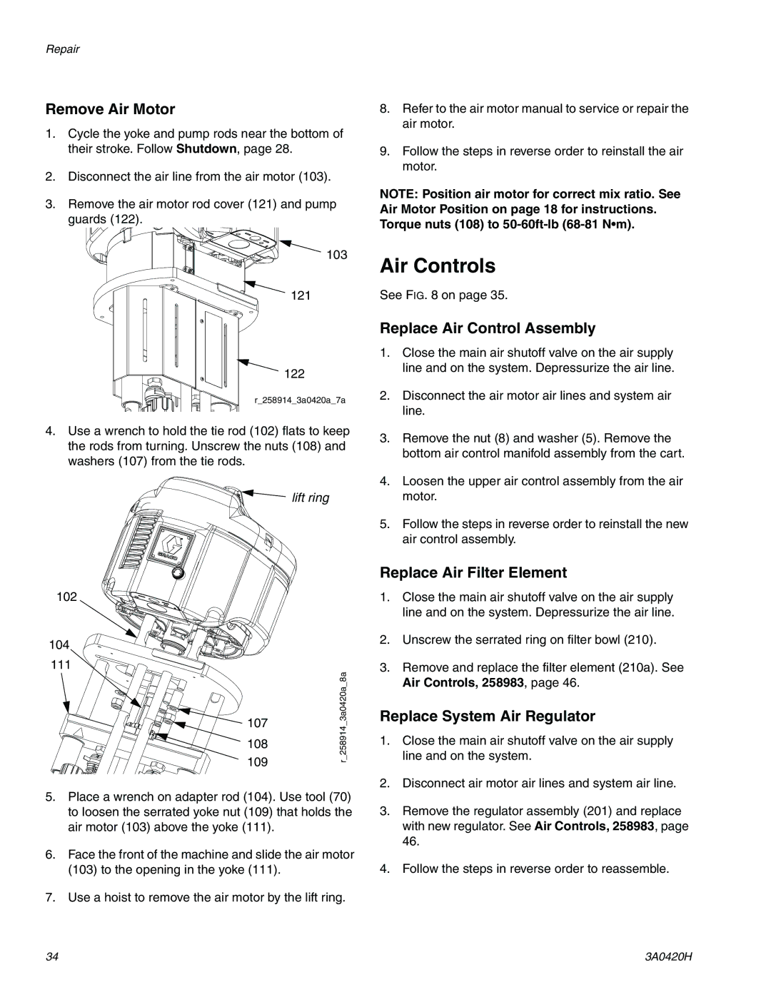 Graco XP70 Air Controls, Remove Air Motor, Replace Air Control Assembly, Replace Air Filter Element 