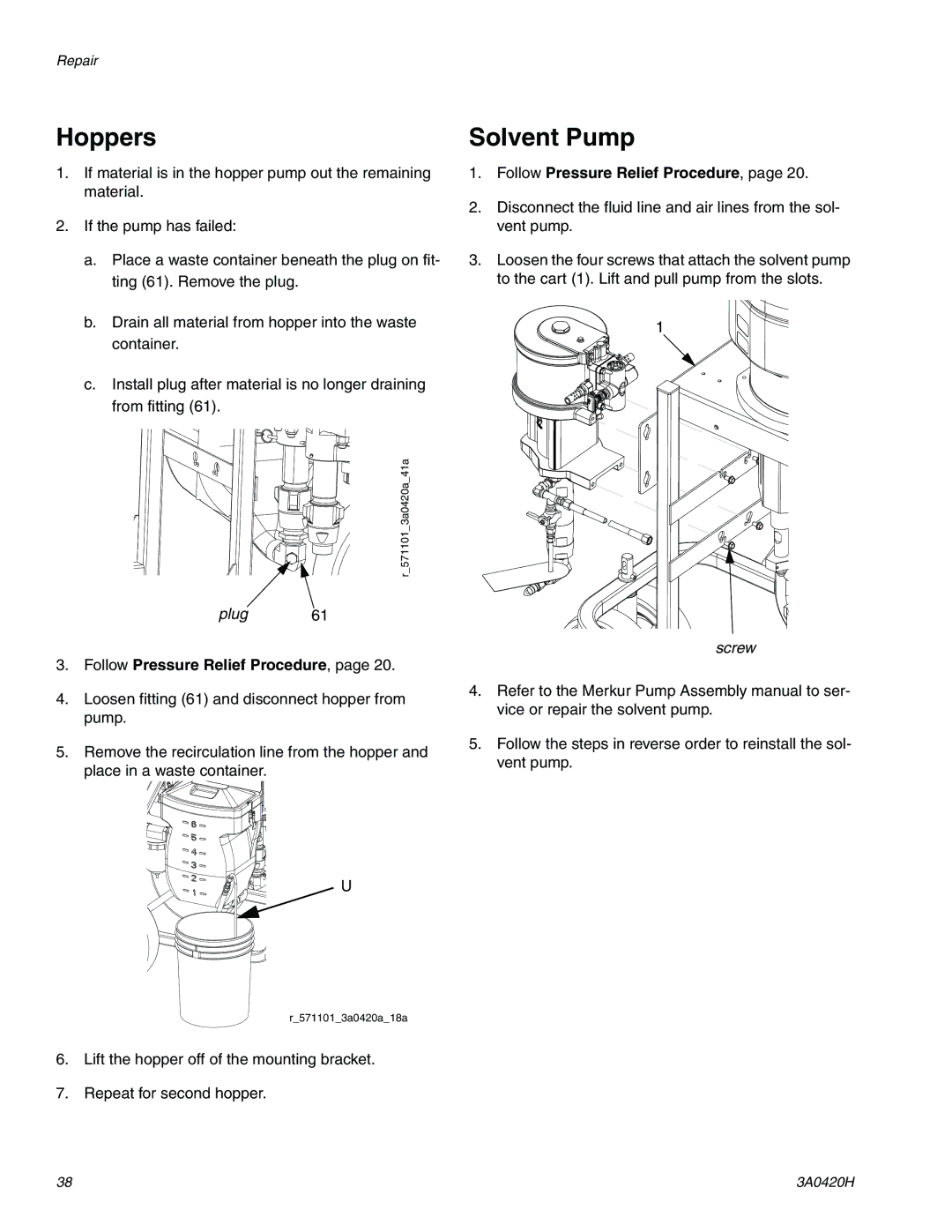 Graco XP70 important safety instructions Hoppers, Solvent Pump 