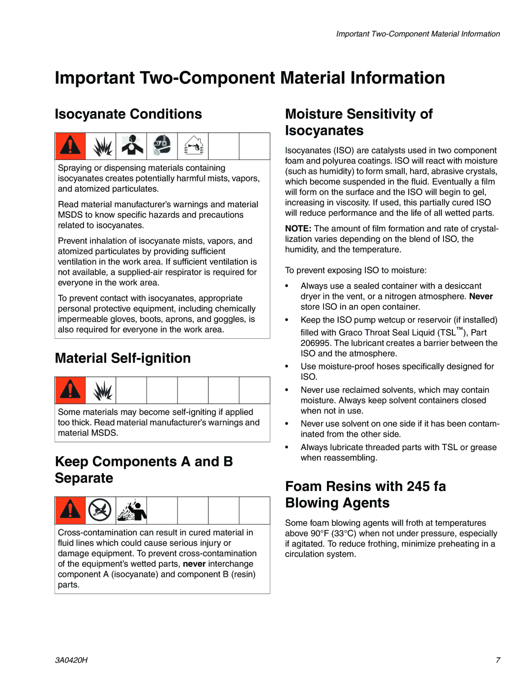 Graco XP70 important safety instructions Important Two-Component Material Information 