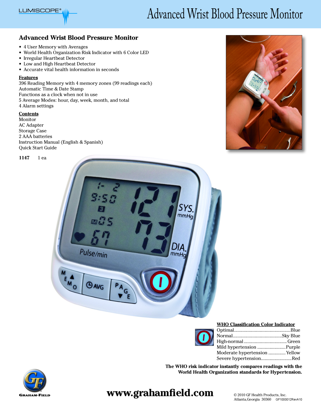 Graham Field 1147 instruction manual Advanced Wrist Blood Pressure Monitor, Features, Contents, 1 ea 