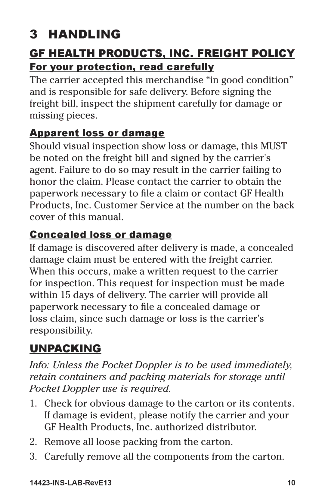 Graham Field 14423-2 manual HandlIng, Gf health produCts, InC. freIght polICy, UnpaCkIng 