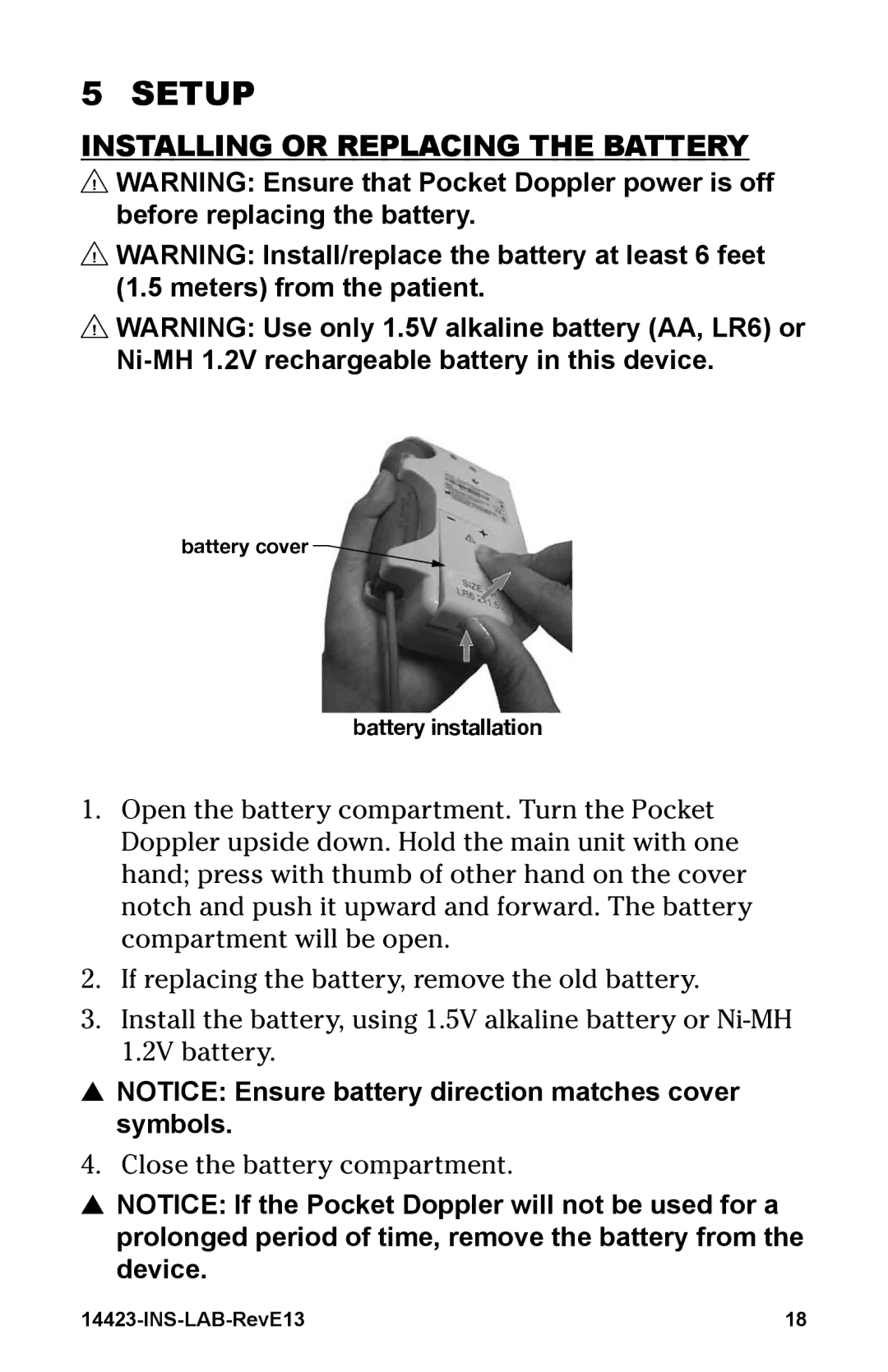 Graham Field 14423-2 manual Setup, InstallIng or replaCIng the battery 