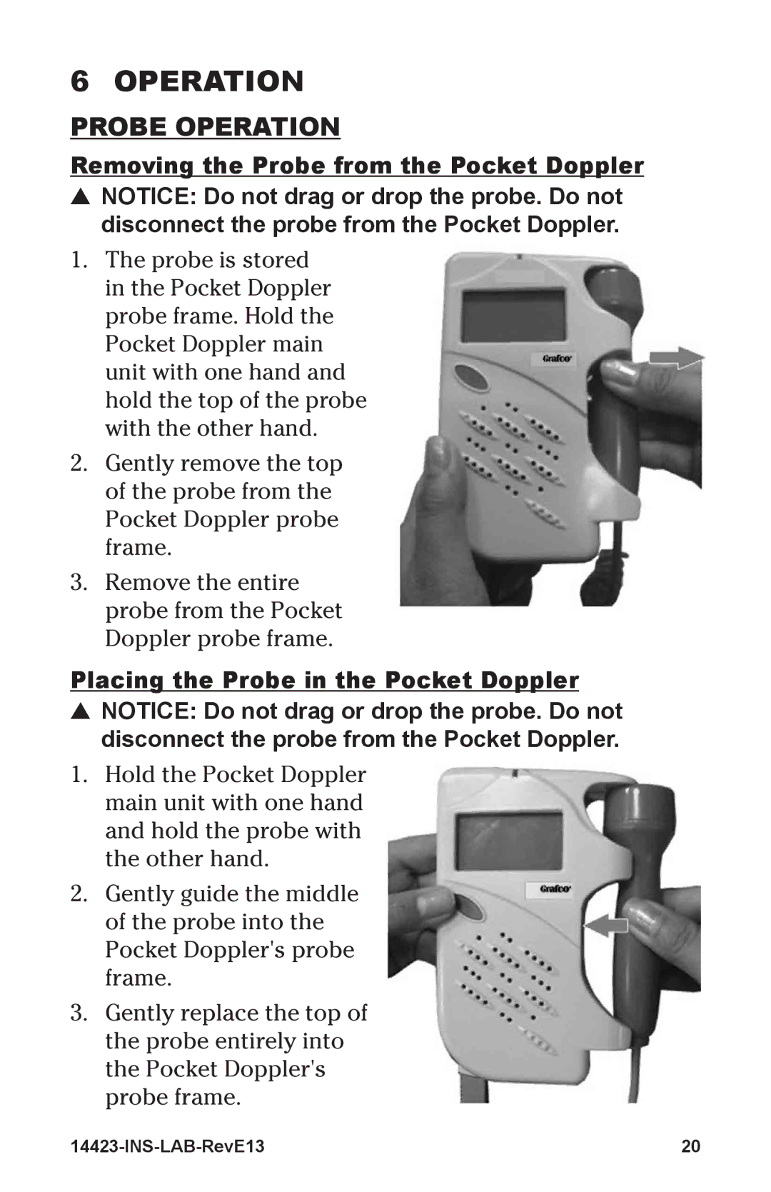 Graham Field 14423-2 manual OperatIon, Probe operatIon, Removing the probe from the pocket doppler 