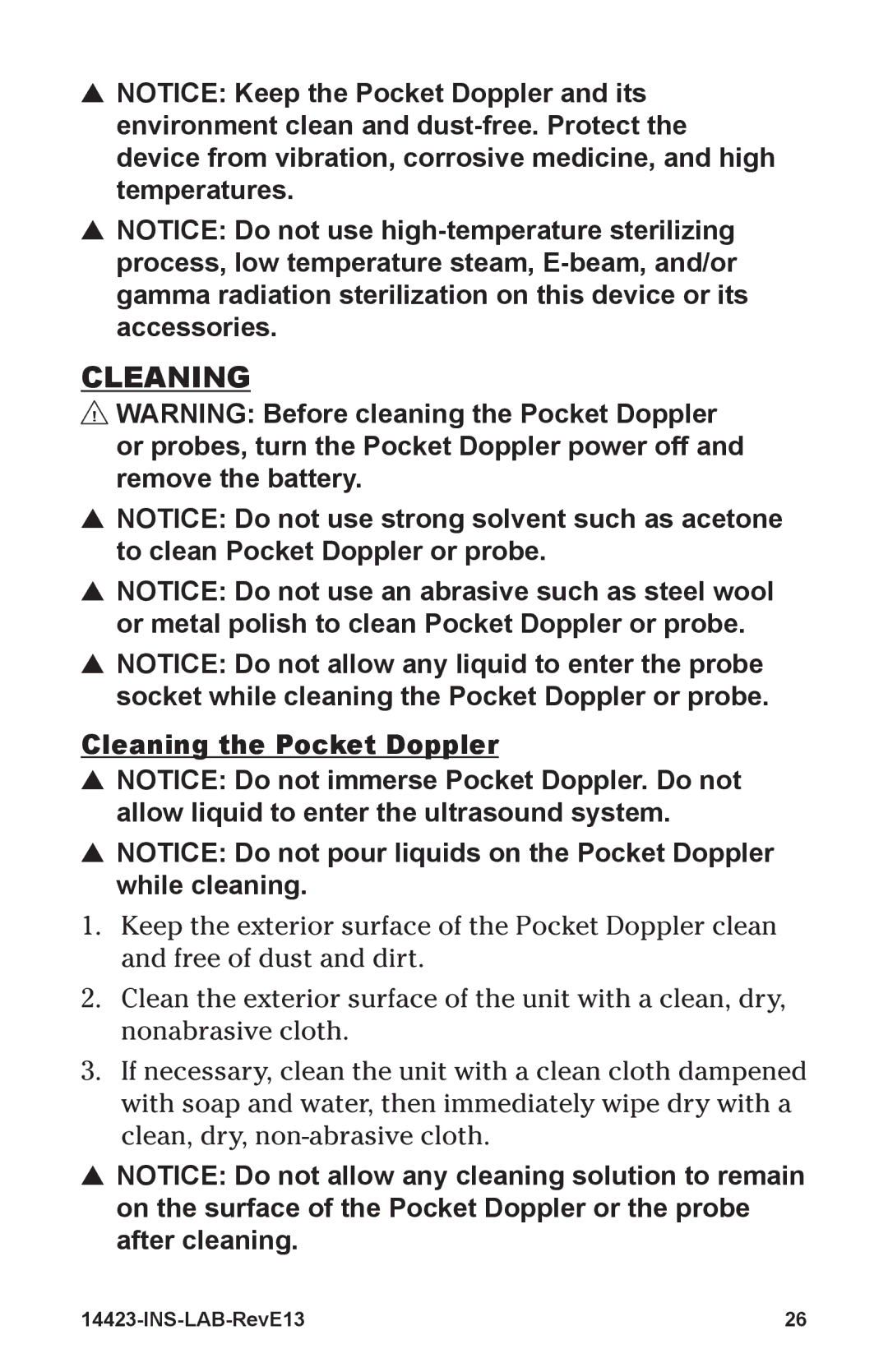 Graham Field 14423-2 manual CleanIng, Cleaning the pocket doppler 