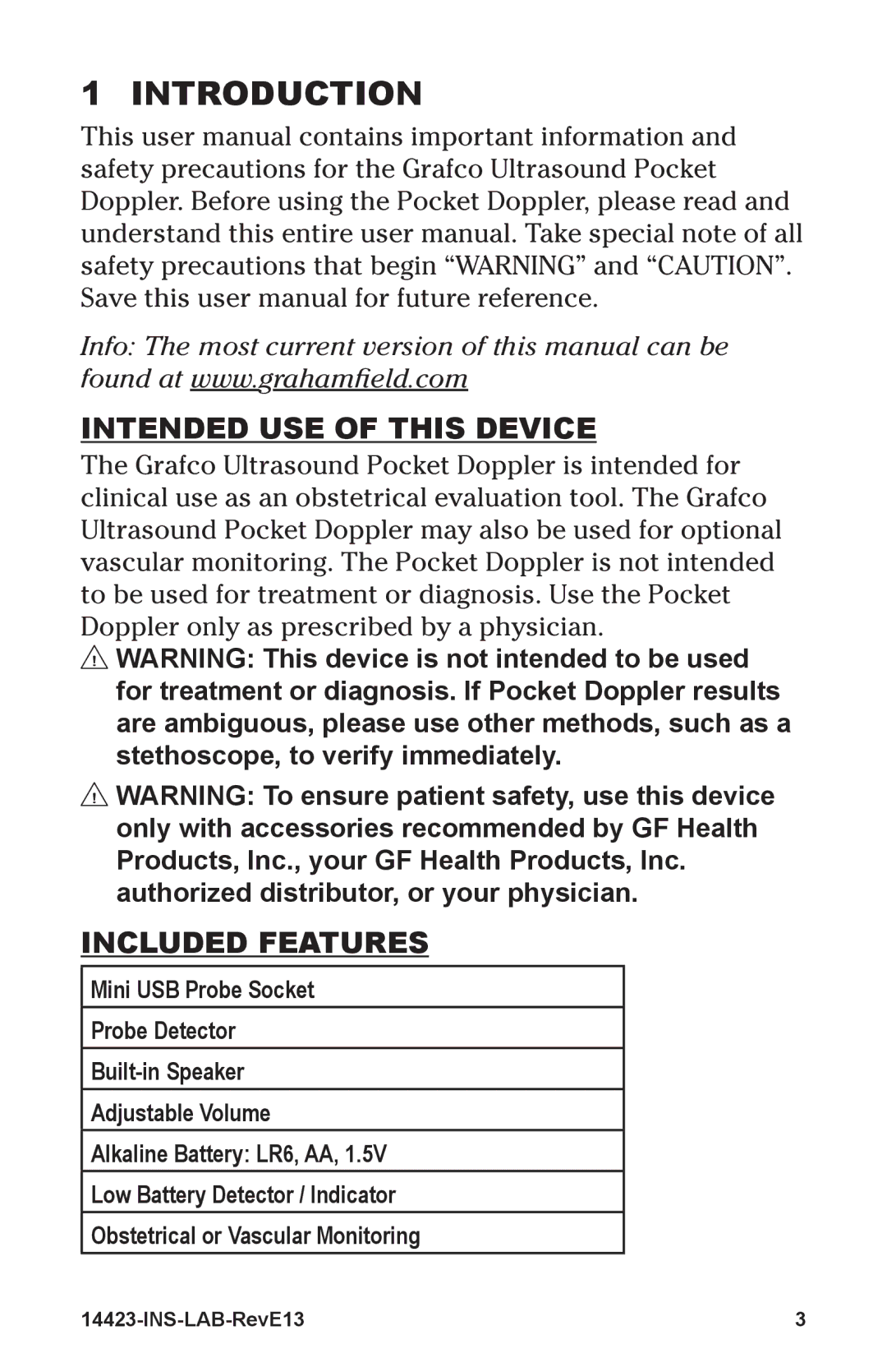 Graham Field 14423-2 manual IntroduCtIon, Intended use of thIs devICe, InCluded features 