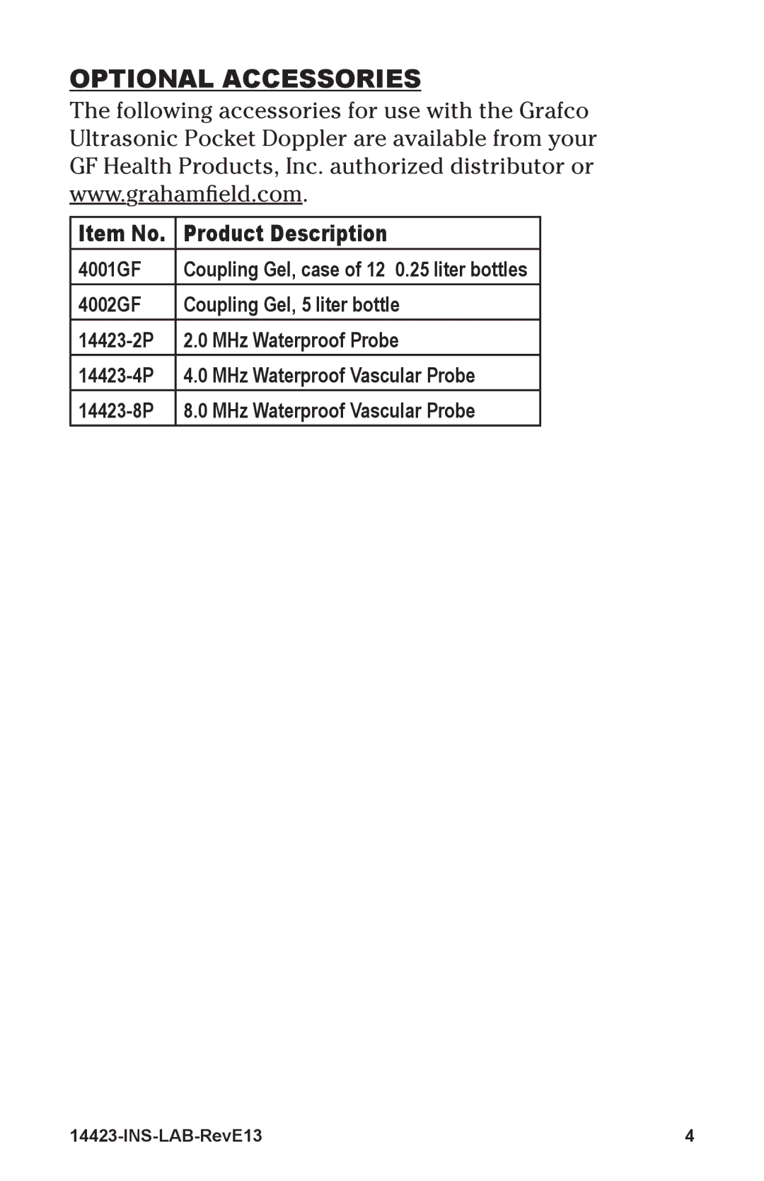 Graham Field 14423-2 manual OptIonal aCCessorIes, Product description 