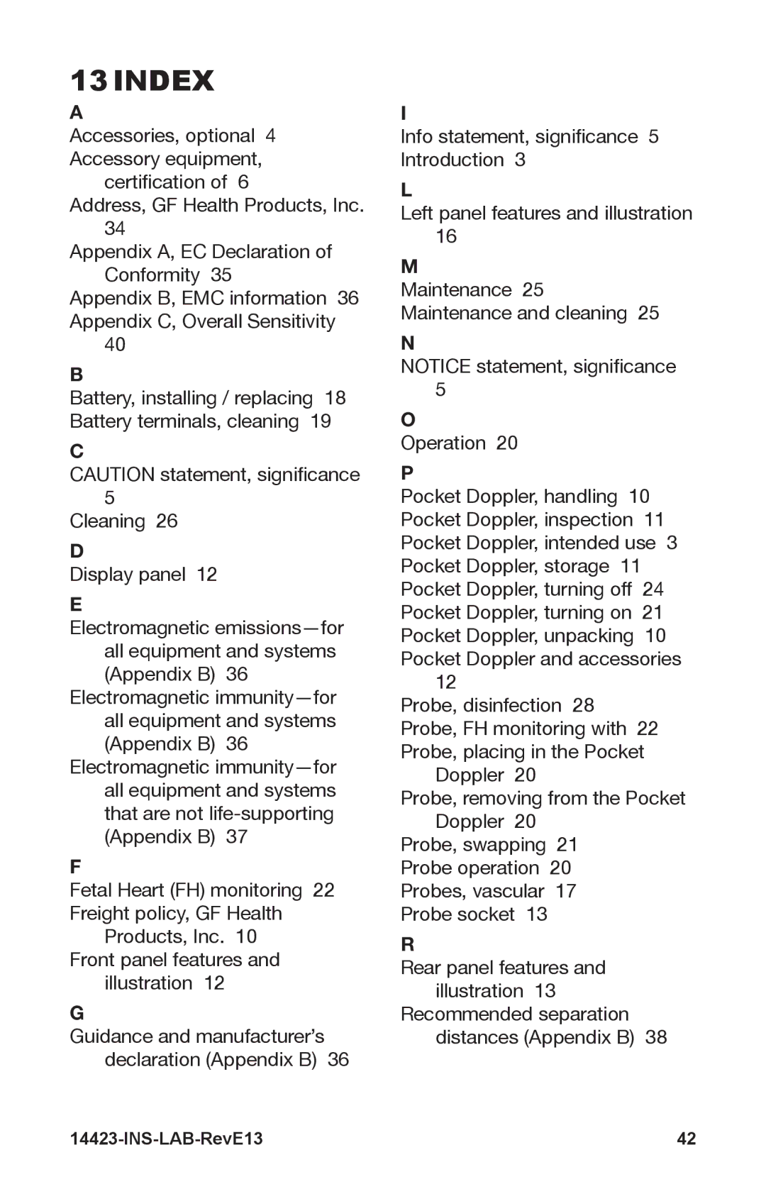 Graham Field 14423-2 manual Index 