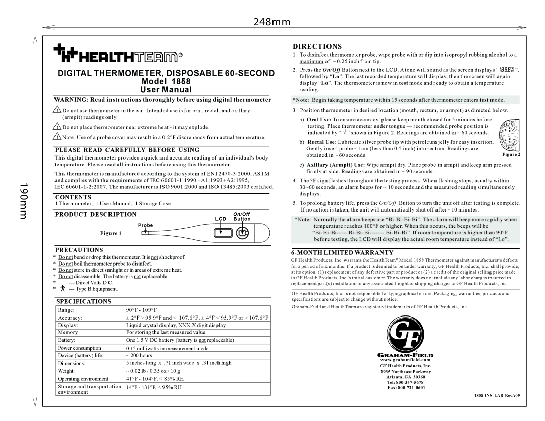 Graham Field 1858 specifications 248mm 190mm, Digital THERMOMETER, Disposable 60-SECOND, Model, Directions 