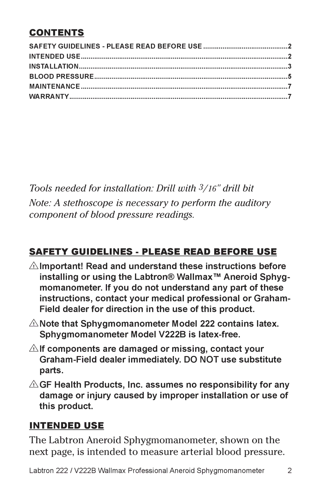 Graham Field V222B user manual Tools needed for installation Drill with 3/16 drill bit 