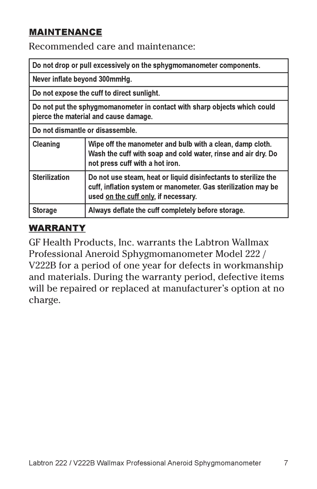 Graham Field V222B user manual Recommended care and maintenance 