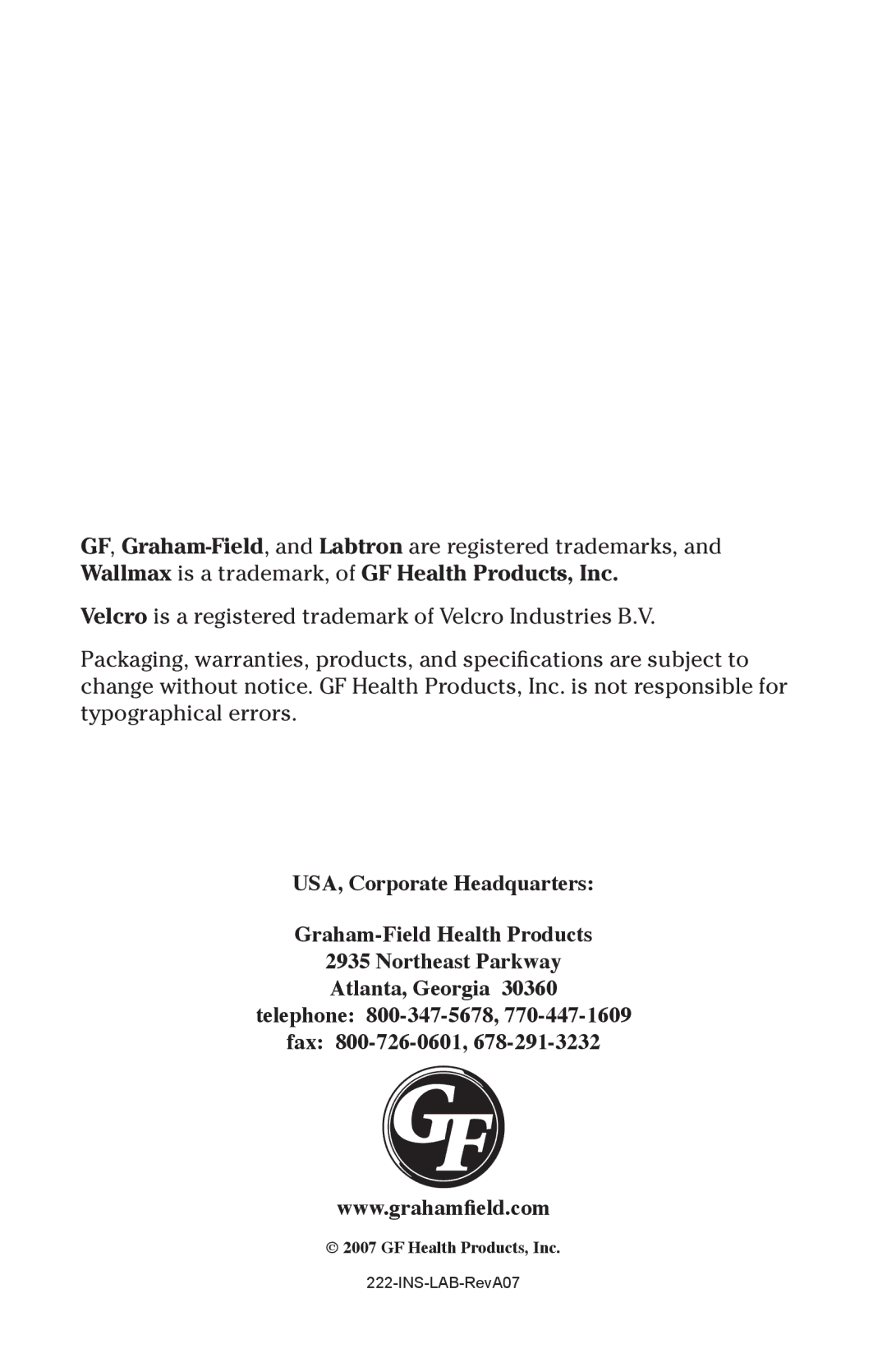 Graham Field V222B user manual GF Health Products, Inc 