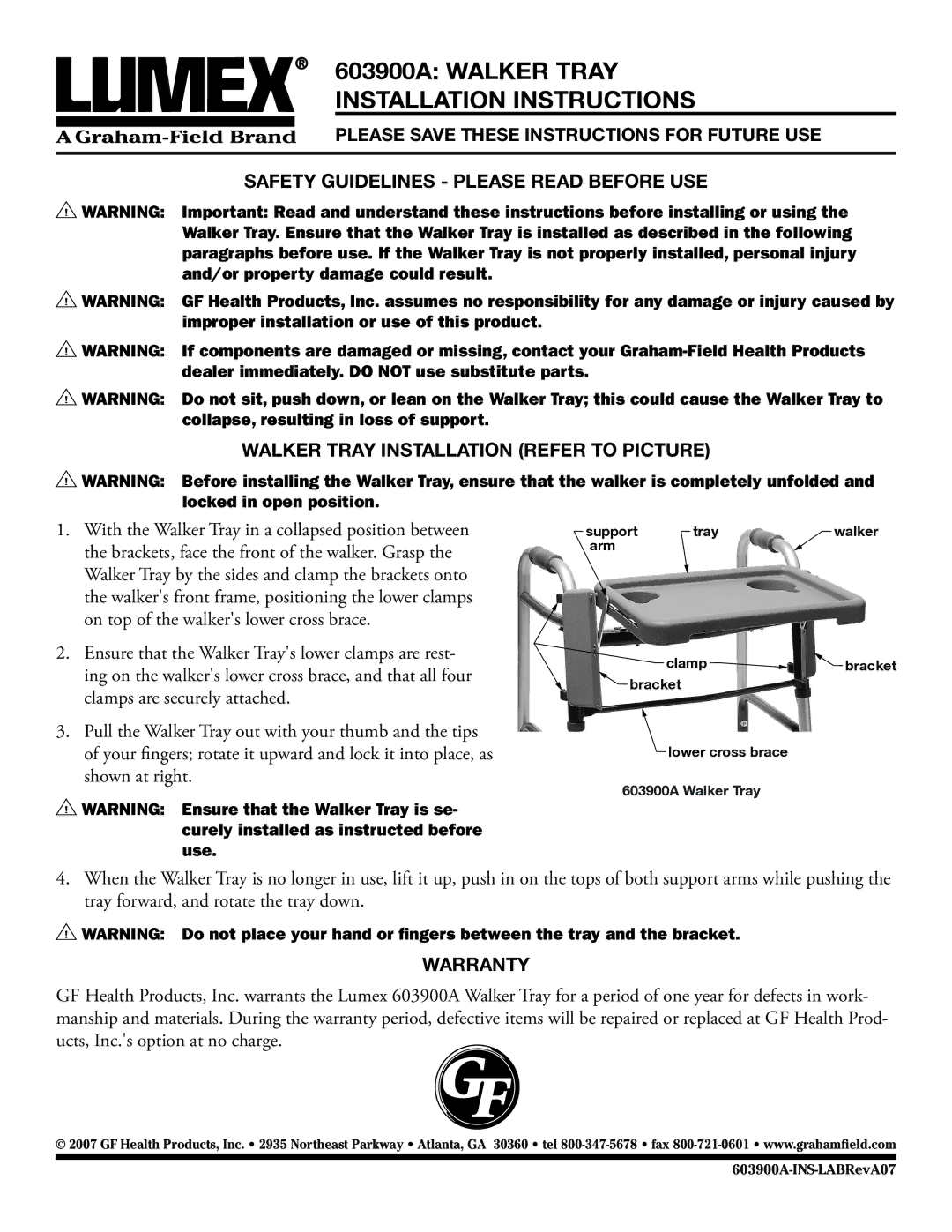 Graham Field installation instructions 603900A Walker Tray, Installation Instructions, Warranty 