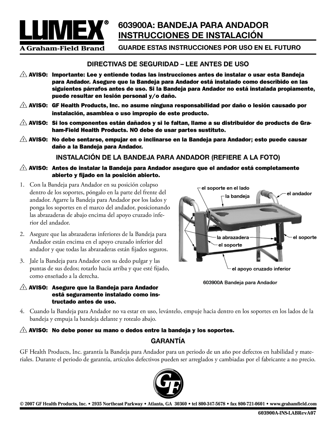 Graham Field 603900A Bandeja para Andador Instrucciones de Instalación, Directivas DE Seguridad LEE Antes DE USO 