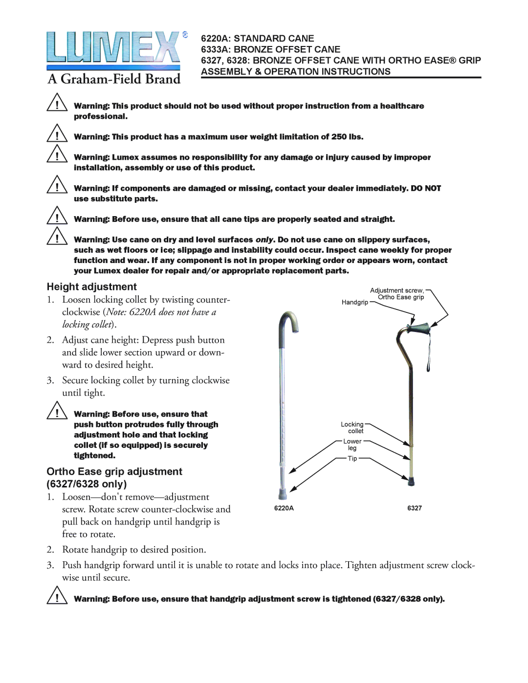 Graham Field 6220A, 6333A manual Graham-Field Brand, Height adjustment, Ortho Ease grip adjustment 6327/6328 only 