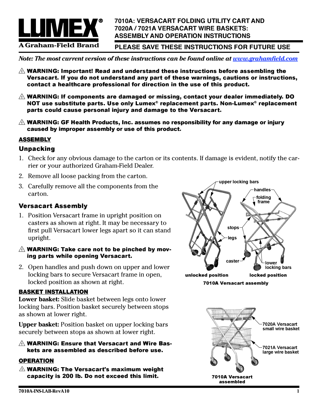 Graham Field 7010A, 7020A manual Unpacking, Versacart Assembly, Basket Installation, Operation 