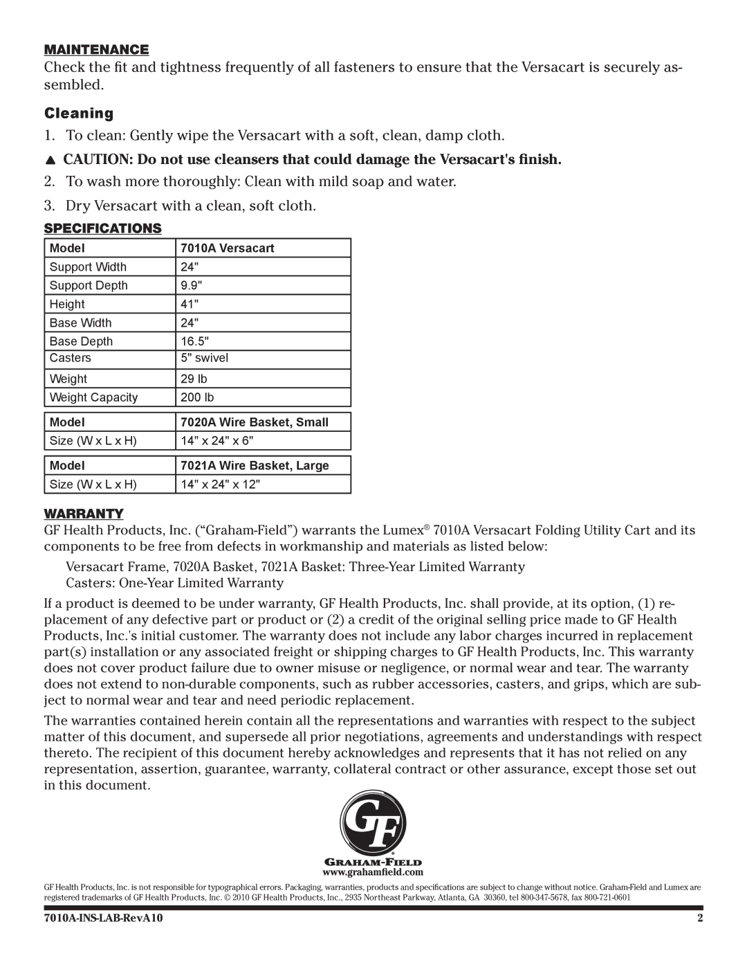 Graham Field 7020A manual Cleaning, Maintenance, Specifications, Warranty, Model 7010A Versacart 