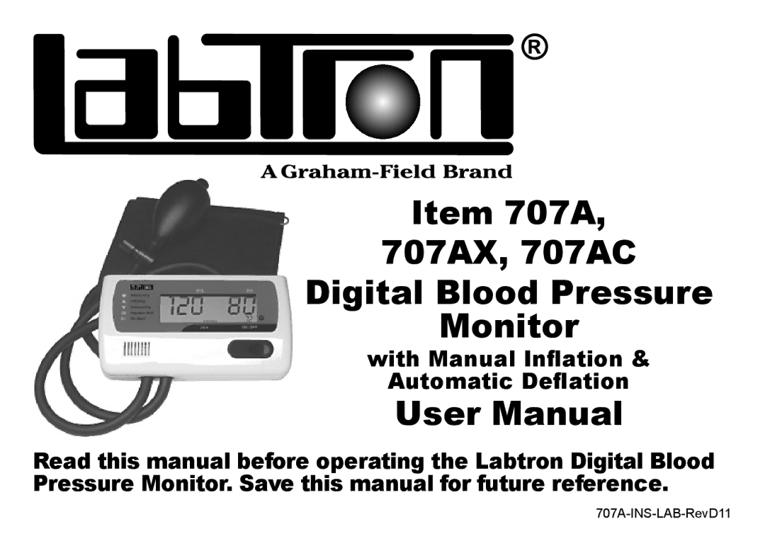 Graham Field 707A-INS-LAB-RevD11 user manual Item 707A 707AX, 707AC Digital Blood Pressure Monitor 