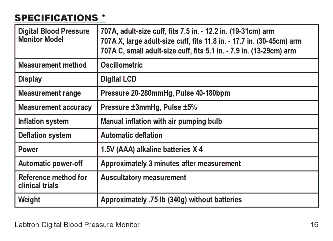 Graham Field 707A-INS-LAB-RevD11 user manual Specifications 