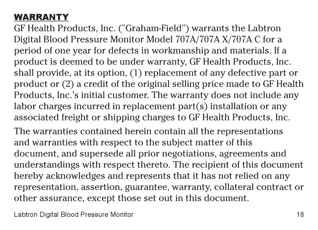 Graham Field 707A-INS-LAB-RevD11 user manual Warranty 