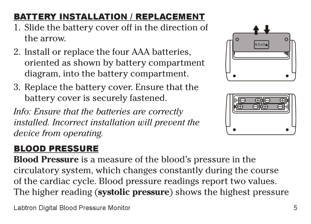 Graham Field 707A-INS-LAB-RevD11 user manual Battery Installation / Replacement, Blood Pressure 