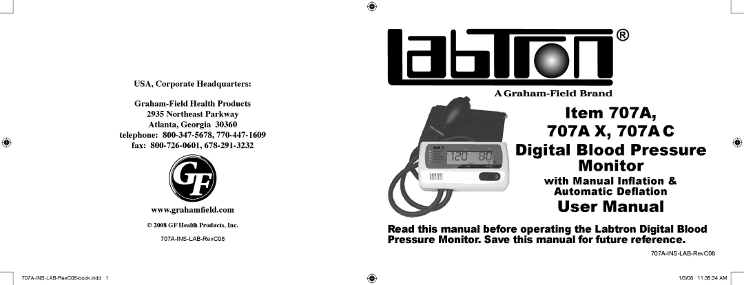 Graham Field 707AC, 707AX user manual Item 707A 707A X, 707A C Digital Blood Pressure Monitor 