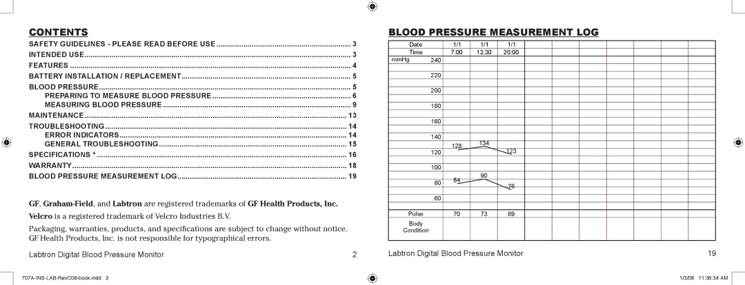 Graham Field 707AX, 707AC user manual Contents, Blood pressure measurement log 