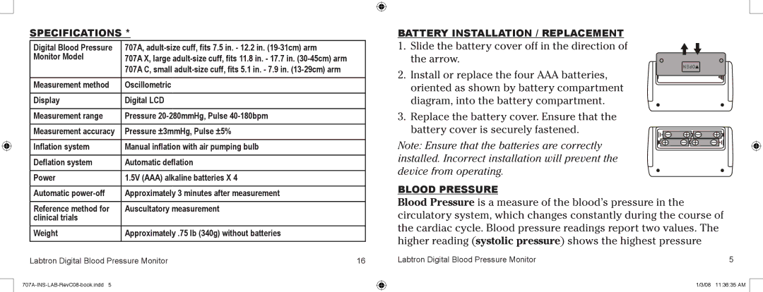 Graham Field 707AX, 707AC user manual Specifications, Battery installation / replacement 