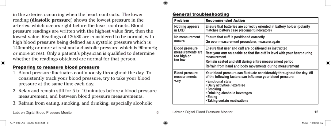 Graham Field 707AX, 707AC user manual Preparing to measure blood pressure, General troubleshooting 