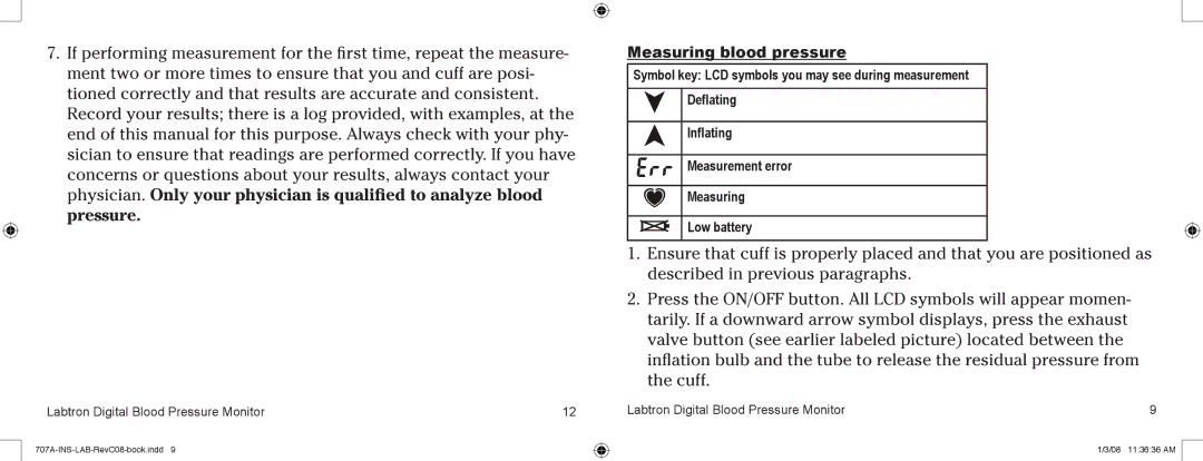 Graham Field 707AX, 707AC user manual Measuring blood pressure 