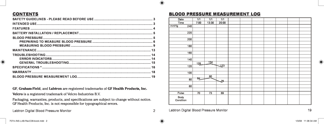 Graham Field 707A Contents, Blood pressure measurement log, Velcro is a registered trademark of Velcro Industries B.V 