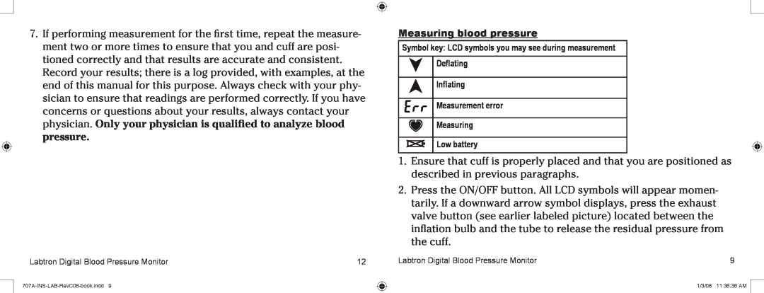 Graham Field 707AX, 707AC Measuring blood pressure, Symbol key LCD symbols you may see during measurement Deflating 