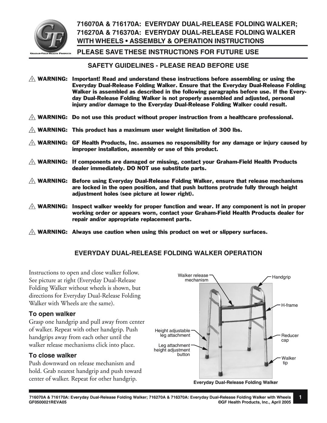 Graham Field 716370A, 716270A, 716170A, 716070A manual To open walker, To close walker 