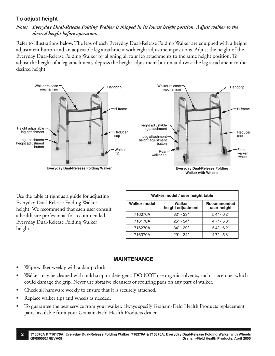 Graham Field 716170A, 716270A, 716370A, 716070A manual To adjust height, Maintenance 