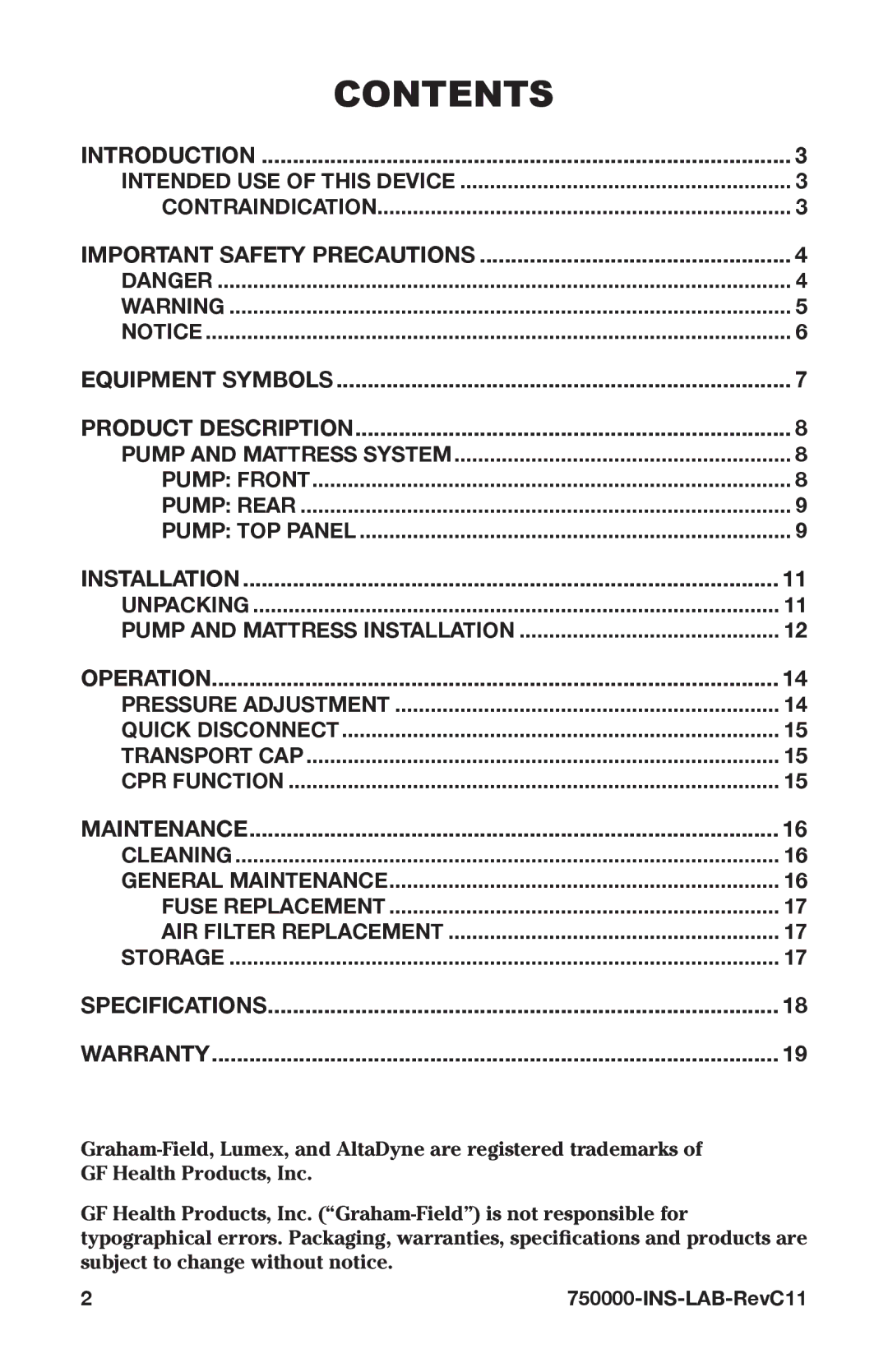 Graham Field 750000 user manual Contents 