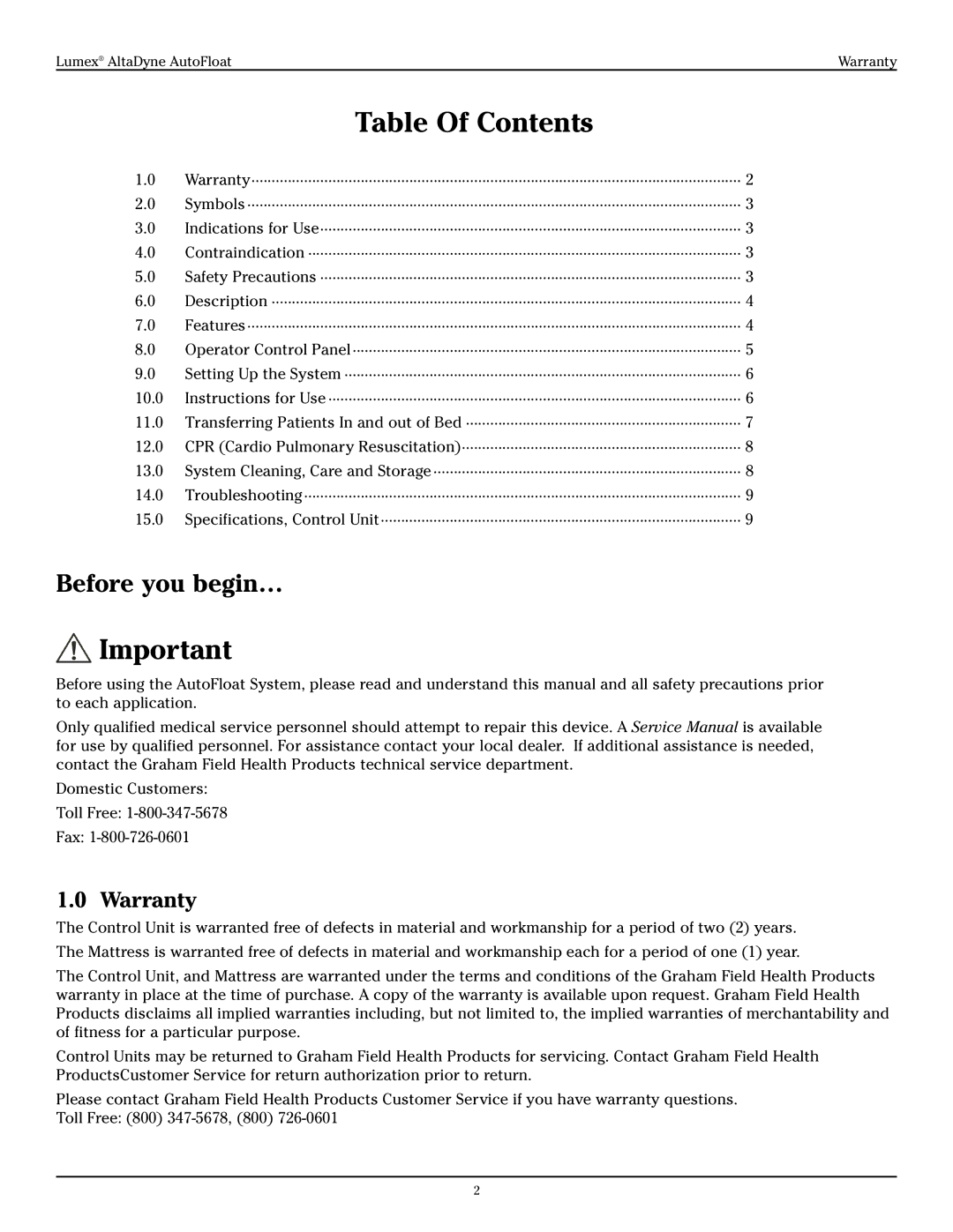 Graham Field 753003, 753004 manual Table Of Contents 