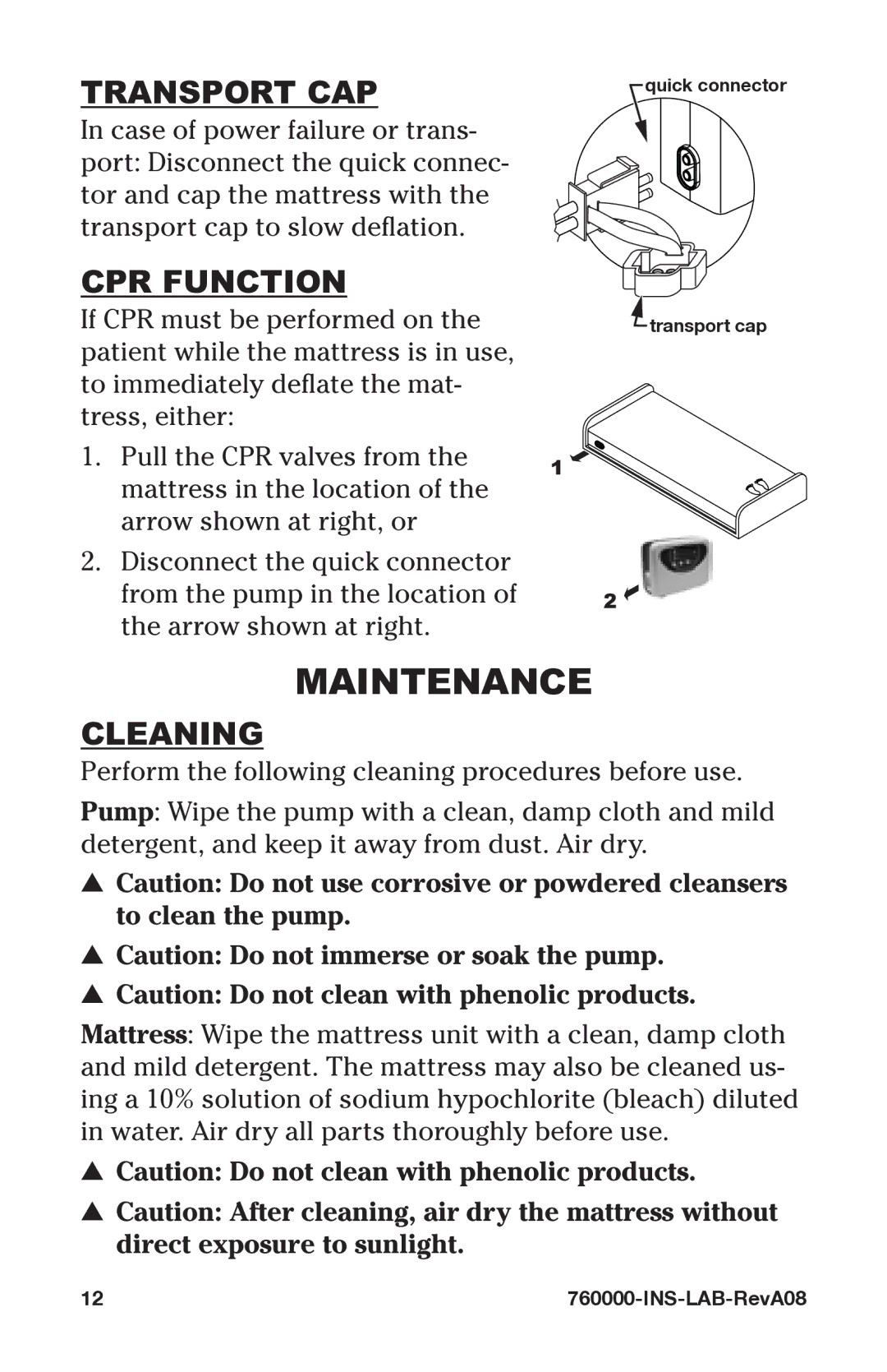 Graham Field 760000-INS-LAB-RevA08 user manual Maintenance, Transport cap, CPR function, Cleaning 