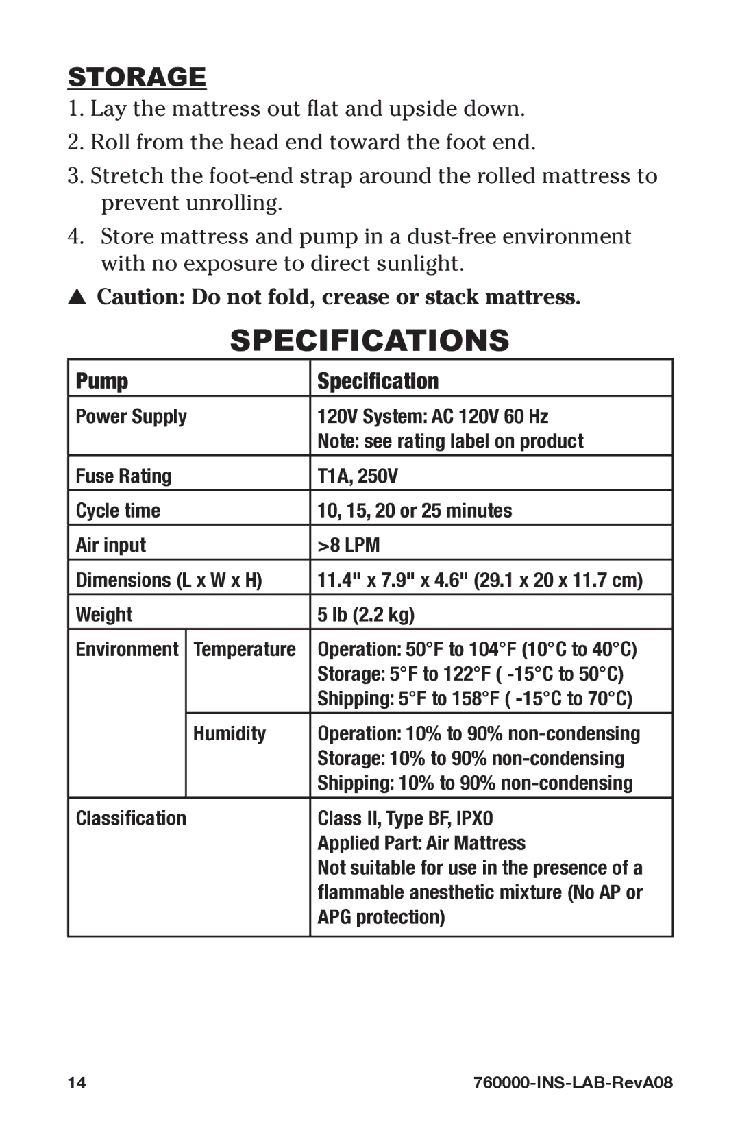 Graham Field 760000-INS-LAB-RevA08 user manual Specifications, Storage, Pump Specification 