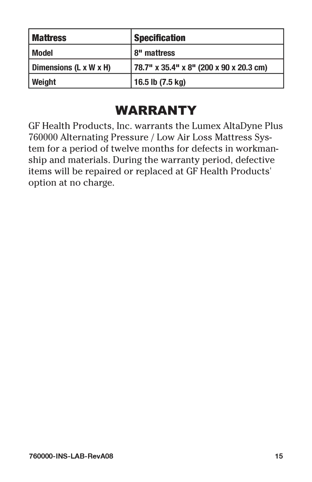 Graham Field 760000-INS-LAB-RevA08 user manual Warranty, Mattress Specification 