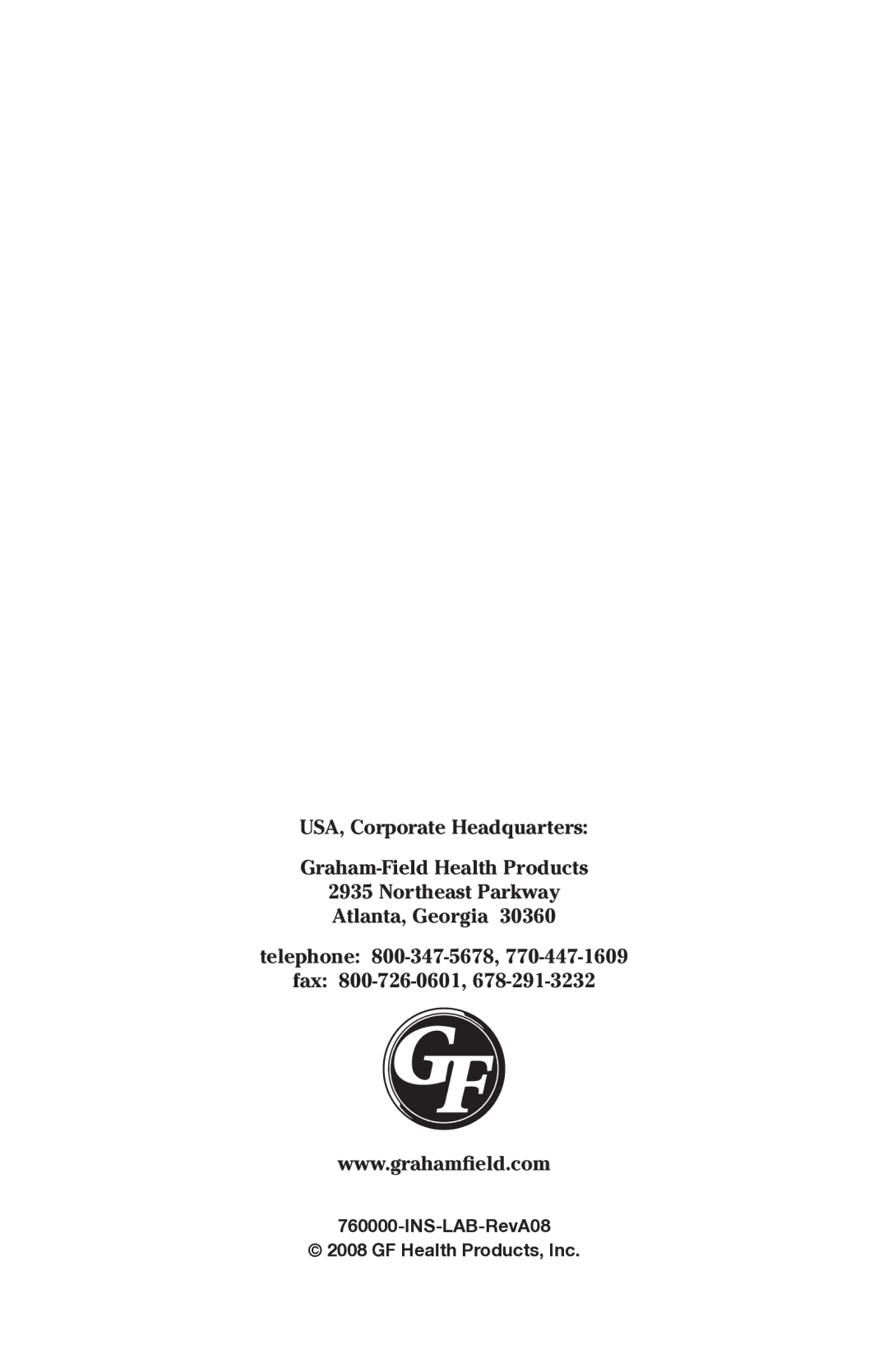 Graham Field 760000-INS-LAB-RevA08 user manual INS-LAB-RevA08 GF Health Products, Inc 