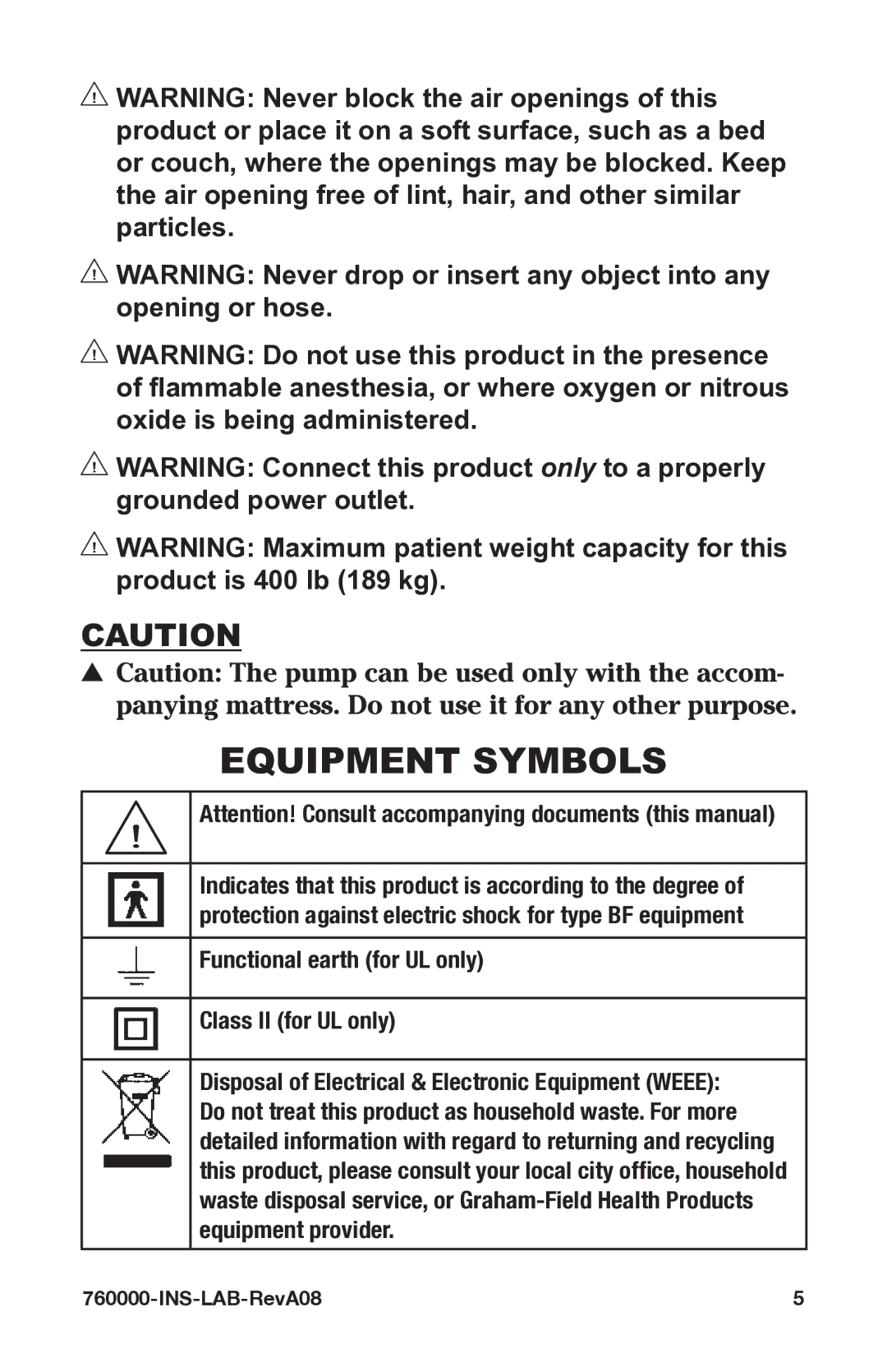 Graham Field 760000-INS-LAB-RevA08 user manual Equipment Symbols, Functional earth for UL only Class II for UL only 