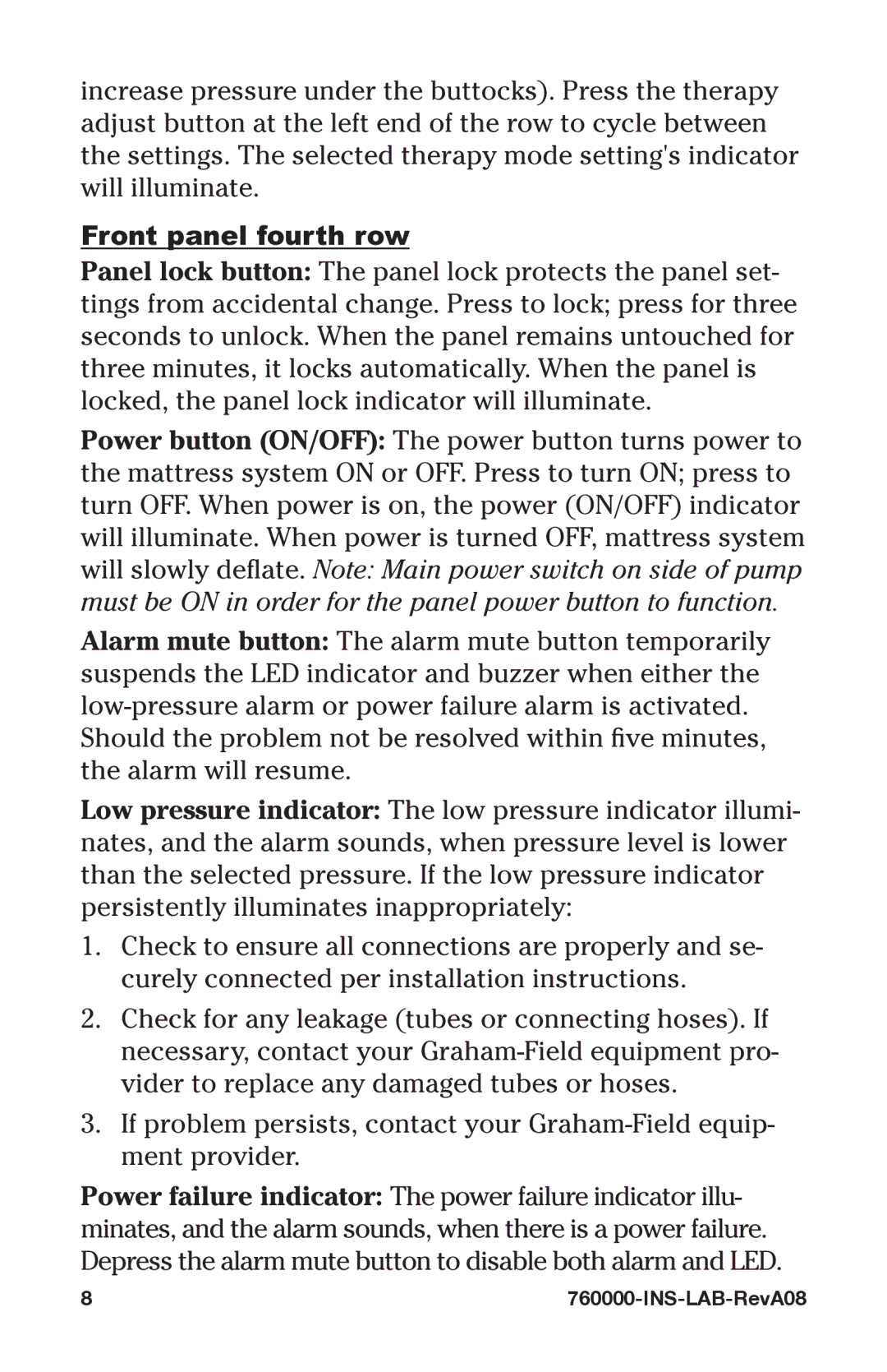 Graham Field 760000-INS-LAB-RevA08 user manual Front panel fourth row 