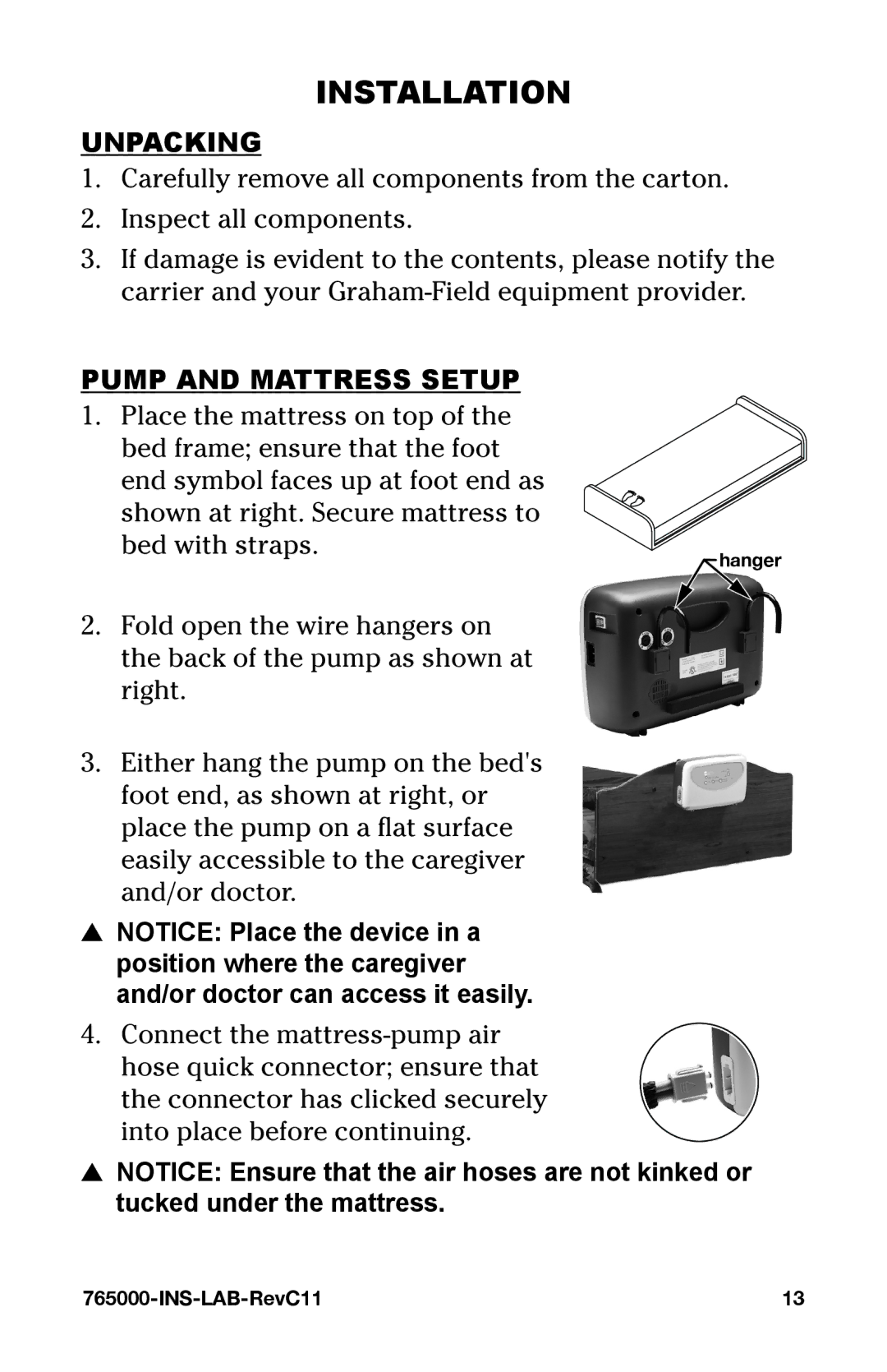 Graham Field 765000 user manual Installation, Unpacking, Pump and Mattress Setup 