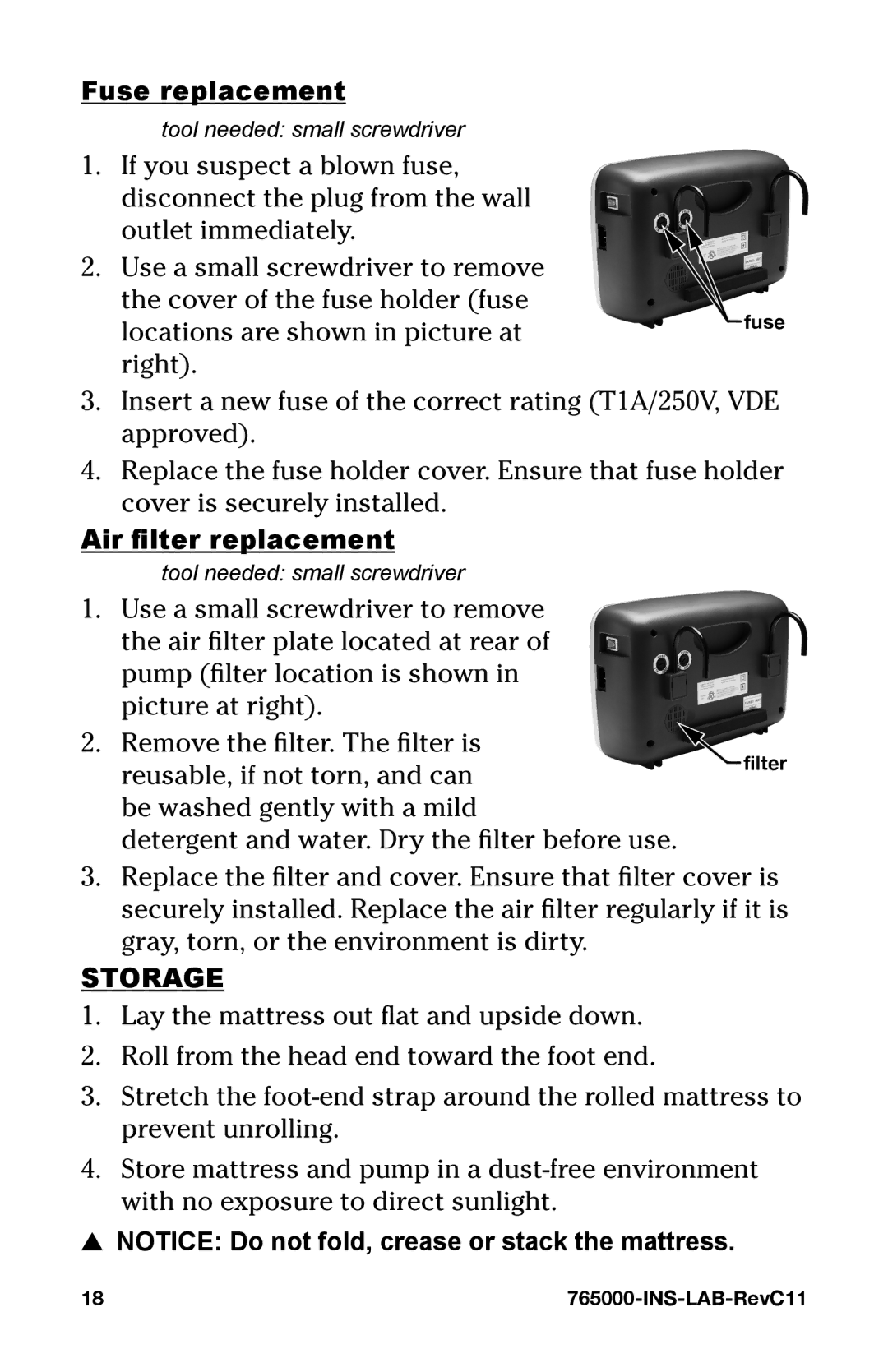 Graham Field 765000 user manual Fuse replacement, Air filter replacement, Storage 