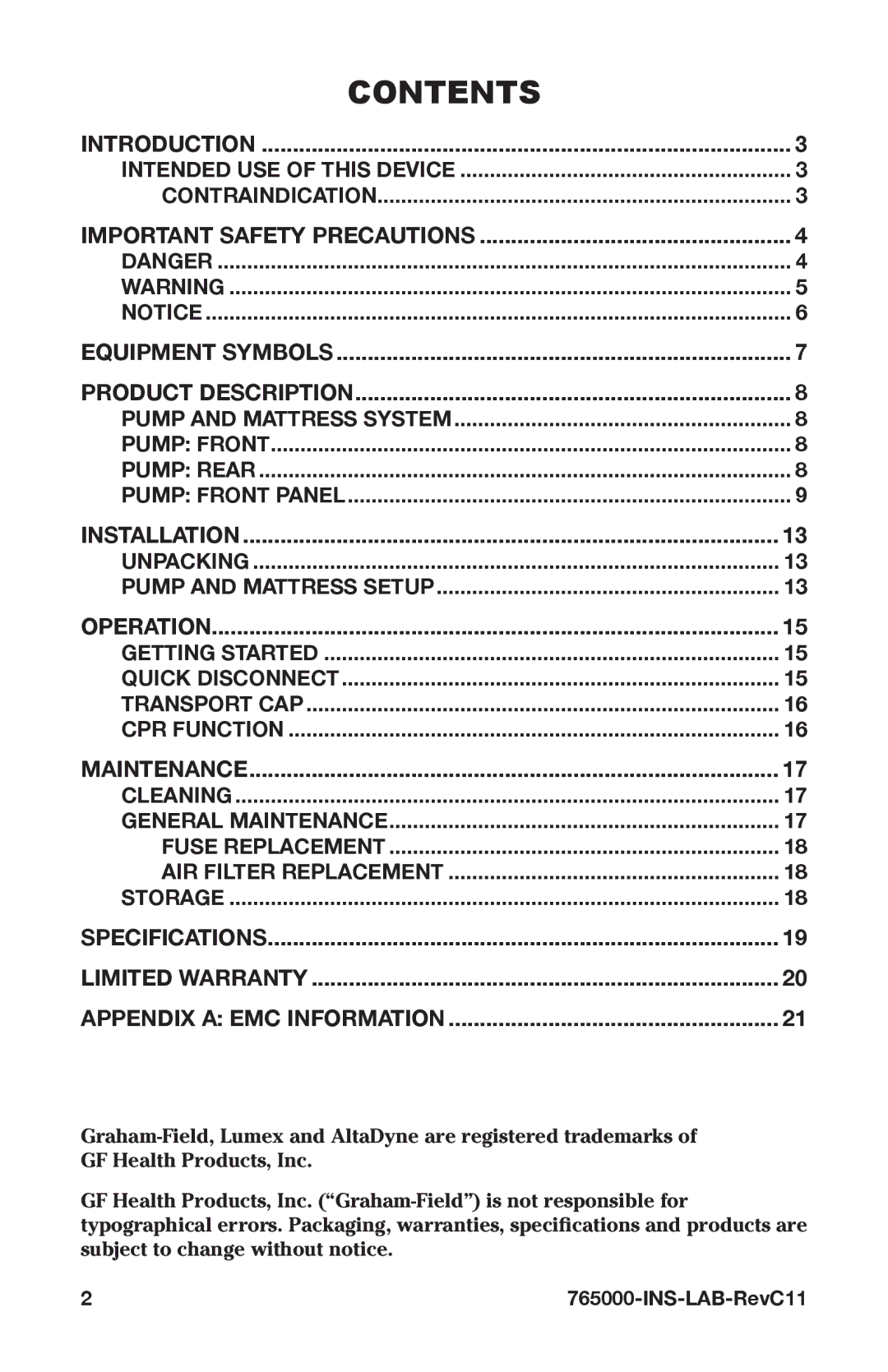 Graham Field 765000 user manual Contents 